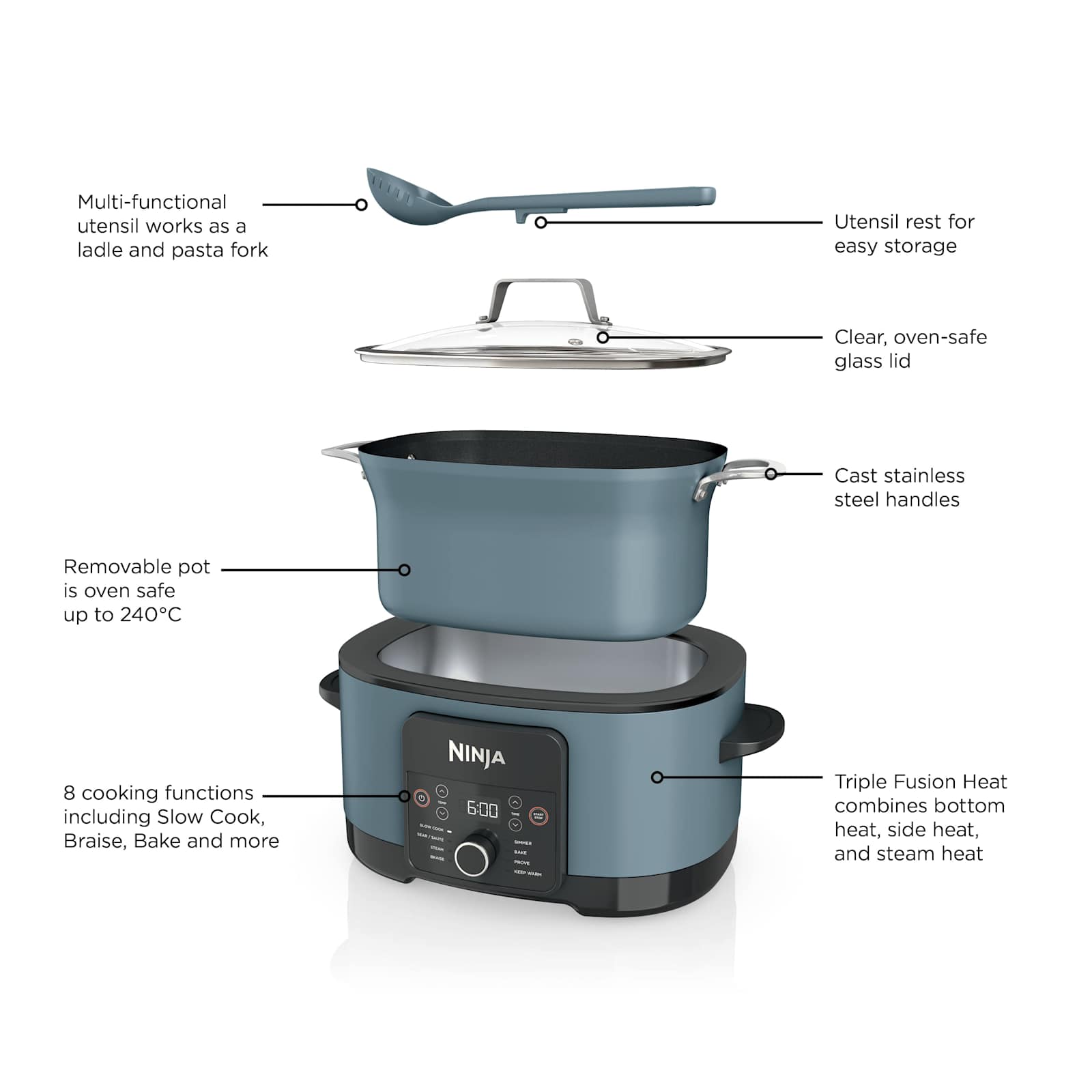 Ninja Foodi PossibleCooker MC1001UK - accessories: glass lid, steaming rack and integrated spoon