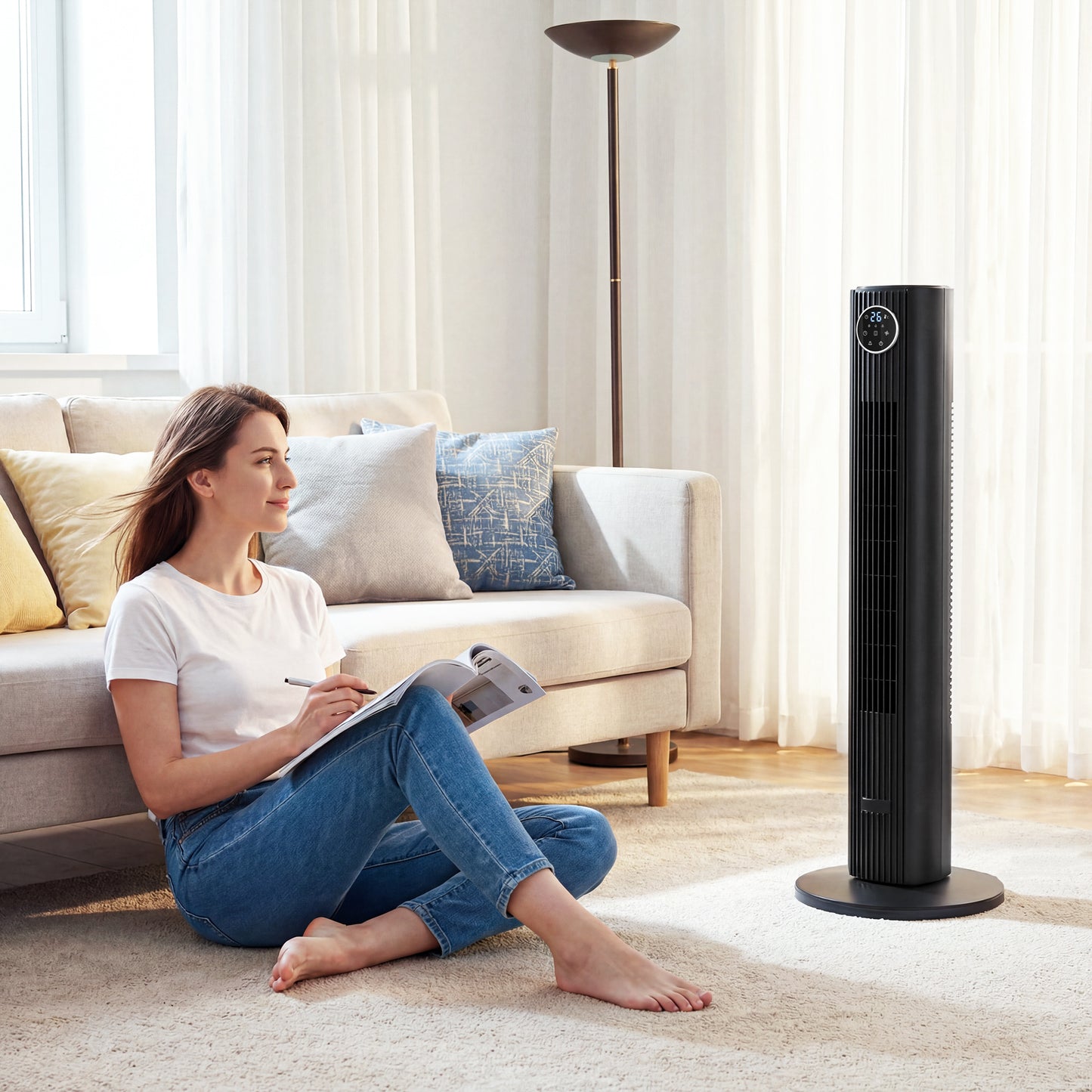 HOMCOM 28dB Tower Fan for Bedroom, 36 inch, 8 m/s Velocity Standing Cooling Fan with 80° Oscillating, BLDC Motor, 12 Speeds, LED Display, 4 Modes, 12H Timer, Remote Control, Black