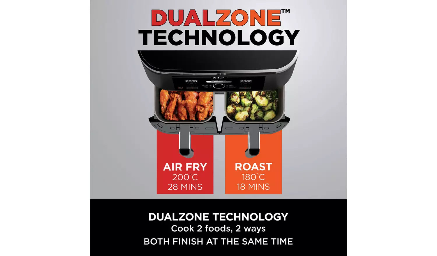 Ninja AF300UK dual zone air fryer with SYNC mode — both drawers finishing chips and chicken at the same time