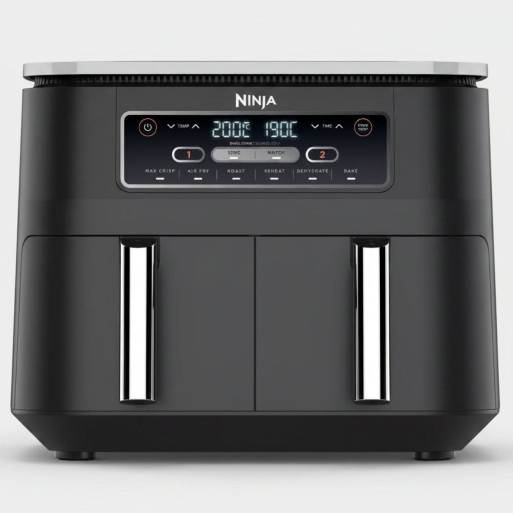 Ninja Foodi Dual Zone AF300UK 7.6L air fryer in black with two independent 3.8L cooking drawers