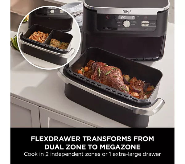 Ninja AF500UK FlexDrawer air fryer with removable divider showing MegaZone and dual zone configuration