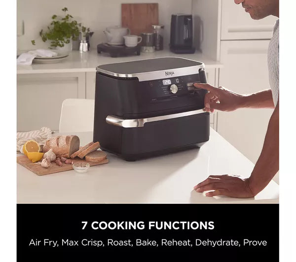 Ninja Foodi FlexDrawer AF500UK control panel with 7 cooking functions: Max Crisp, Air Fry, Roast, Reheat, Dehydrate, Bake, Prove