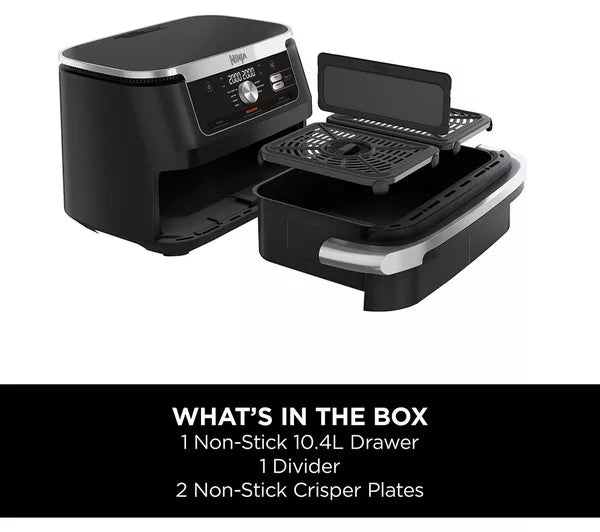 Ninja Foodi FlexDrawer AF500UK side view showing compact footprint at 32.7cm tall and 2470W power