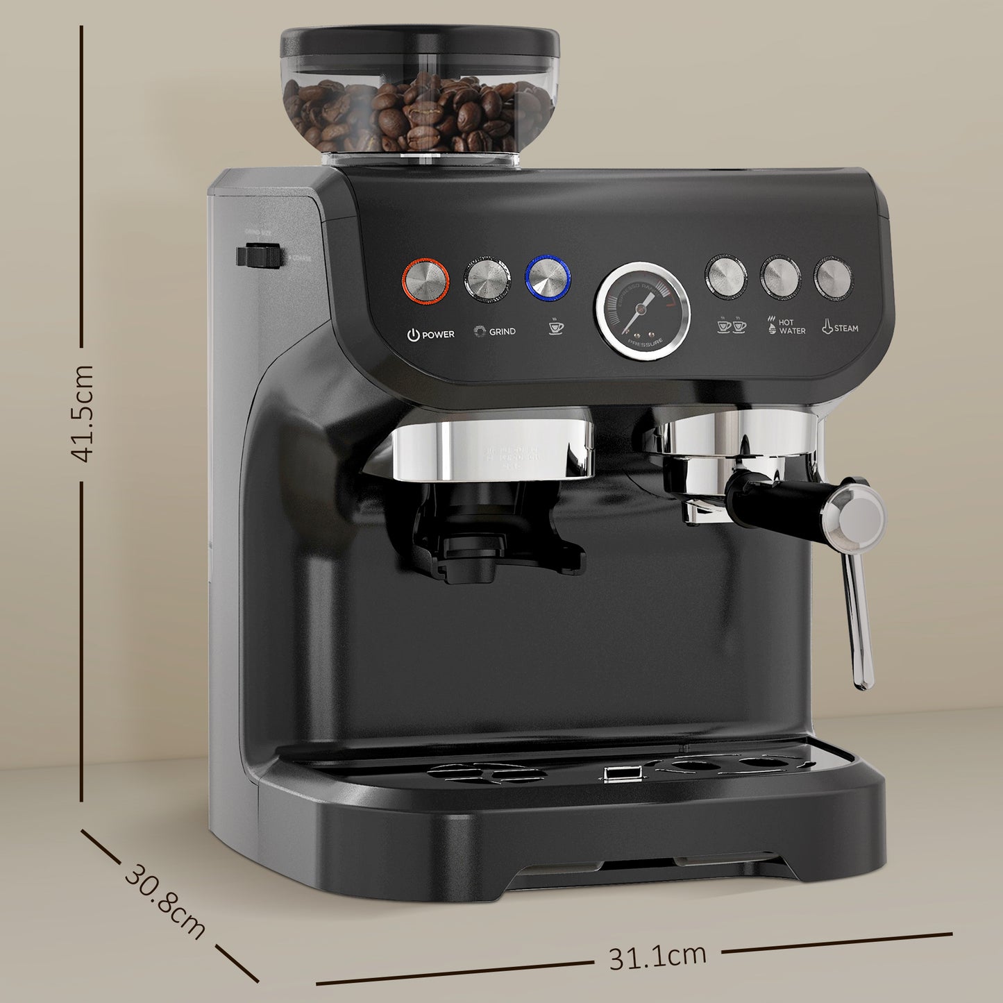 HOMCOM 15 Bar Coffee Machine with Adjustable Grind, Steamer and Accessories, Good Housekeeping Institute Approved, Black
