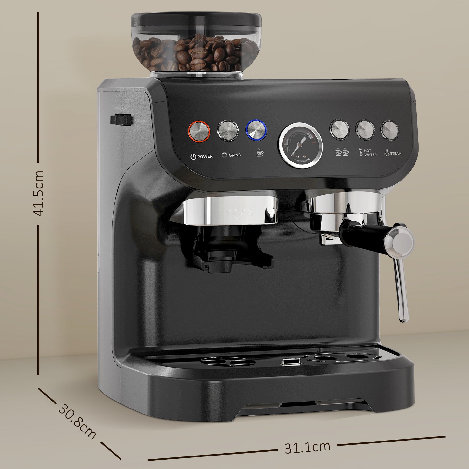 HOMCOM 15 Bar Coffee Machine with Adjustable Grind, Steamer and Accessories, Good Housekeeping Institute Approved, Black