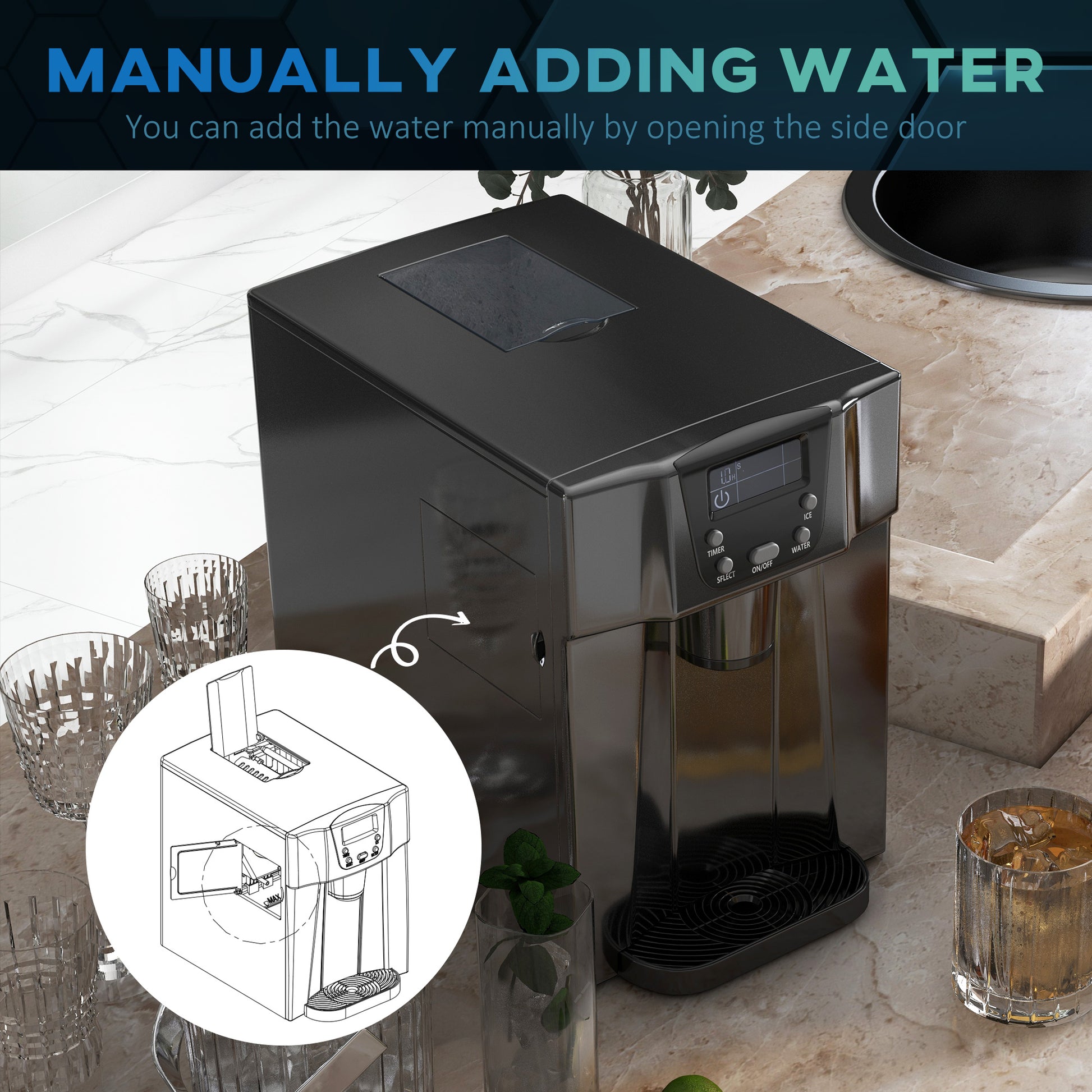 HOMCOM 3L Ice Maker Machine and Water Dispenser, 12kg in 24H, 2 Sizes 9 Ice Cubes Ready in 6-10 Mins Ice Machine, Black