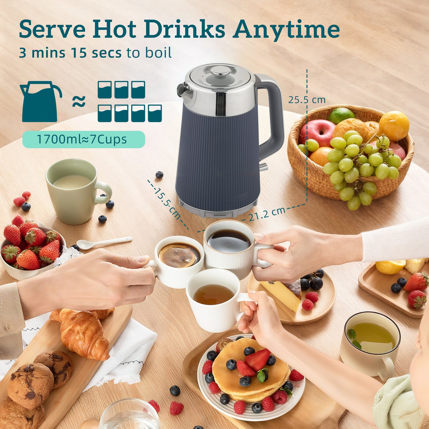 HOMCOM Electric Stainless Steel Kettle and Toaster Set, 3000W 1.7L UK Strix Thermostat Fast Boil Kettle w/ Limescale Filter, Cool Touch Body, 4 Slice Toaster with 7 Browning Levels, Crumb Tray, Grey