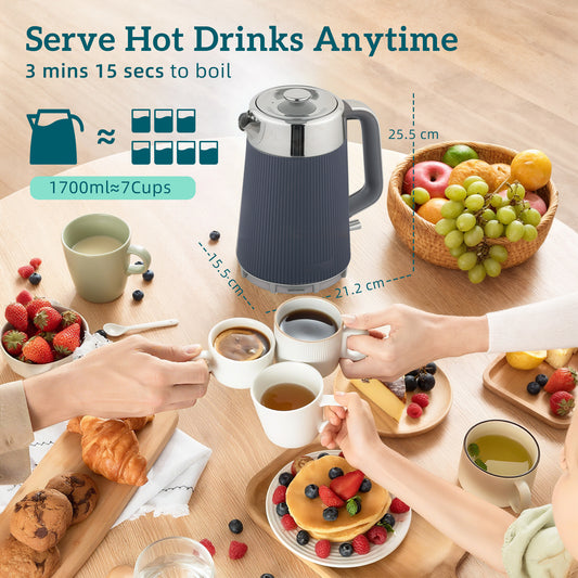 HOMCOM Electric Stainless Steel Kettle and Toaster Set, 3000W 1.7L UK Strix Thermostat Fast Boil Kettle w/ Limescale Filter, Cool Touch Body, 4 Slice Toaster with 7 Browning Levels, Crumb Tray, Grey