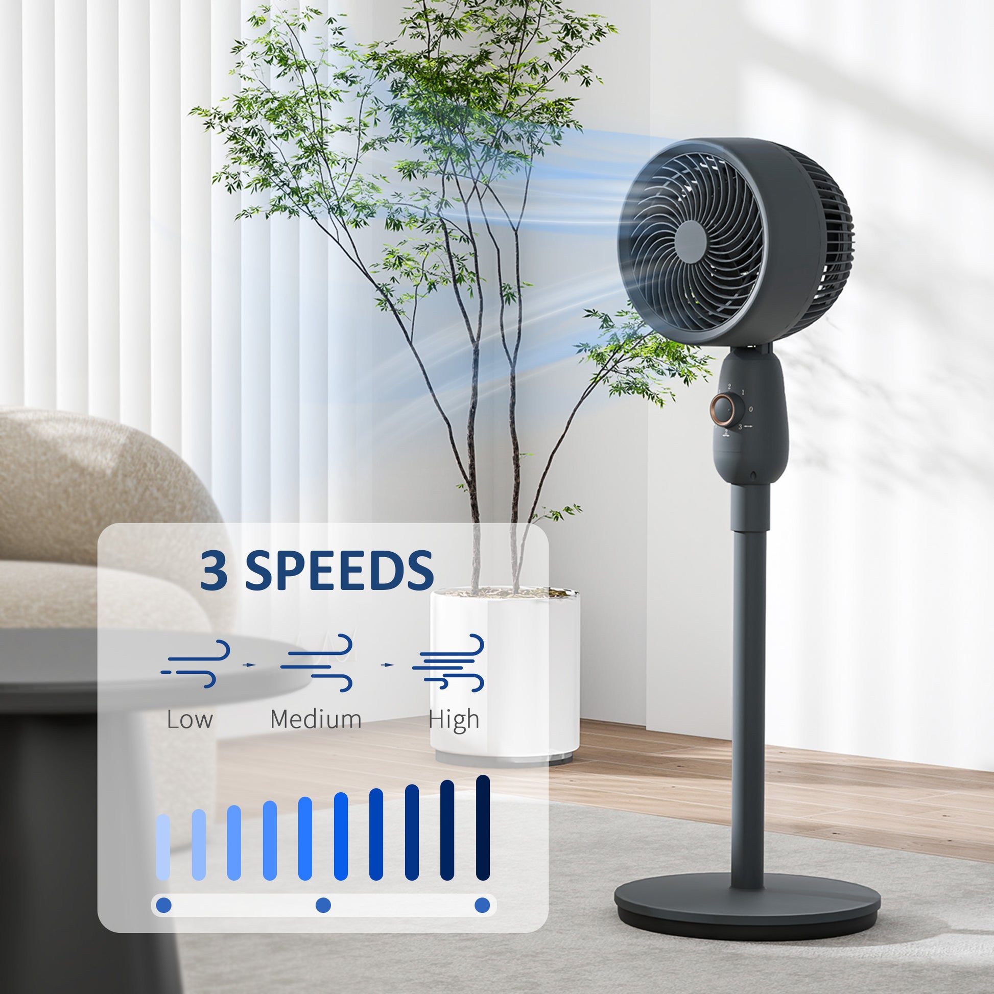HOMCOM Pedestal Fan, Powerful Air Circulator, 36 Inch Floor Standing Fan with 3 Speed Settings, 70° Oscillating for Bedroom, Home and Office, Grey