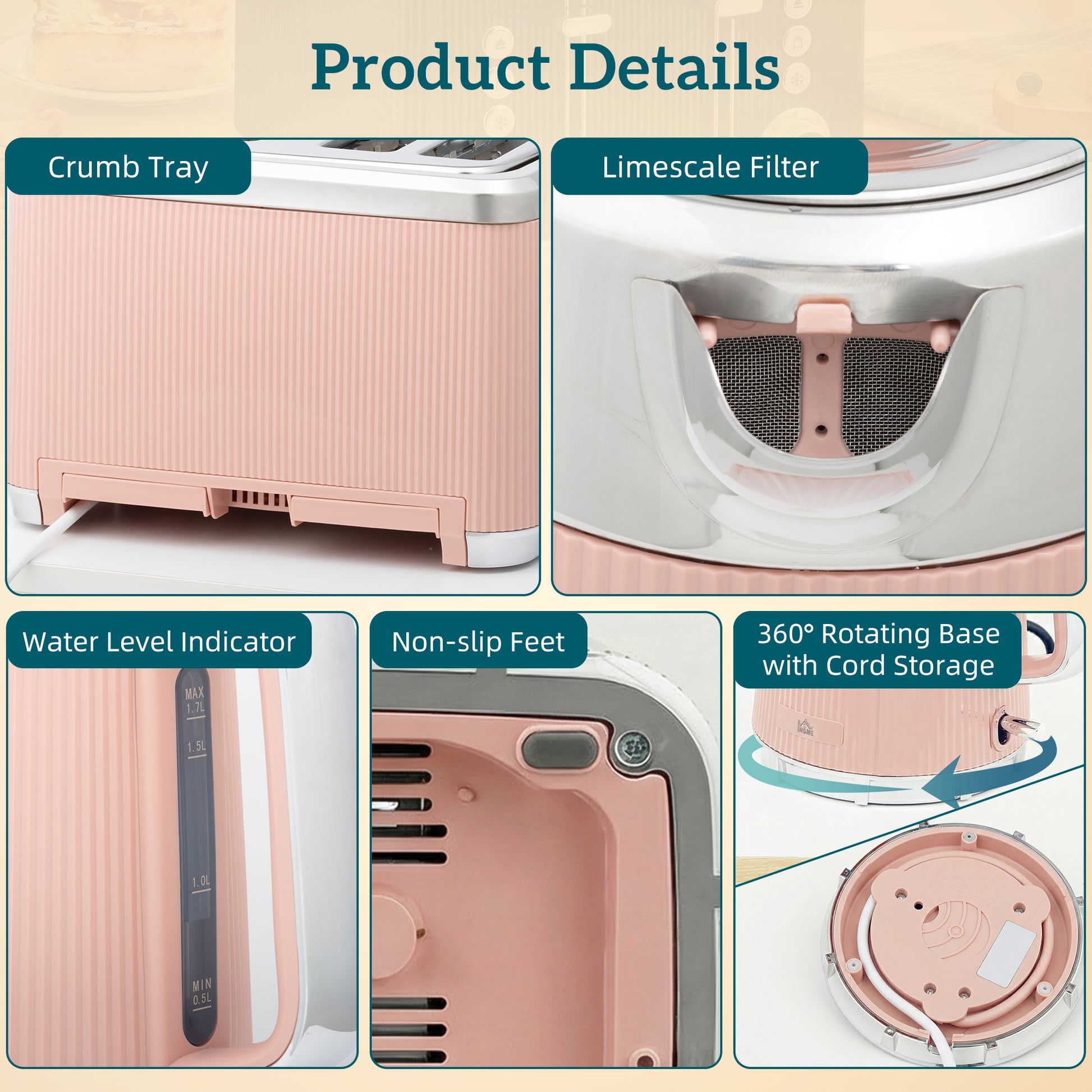 HOMCOM Electric Stainless Steel Kettle and Toaster Set, 3000W 1.7L UK Strix Thermostat Fast Boil Kettle Pink
