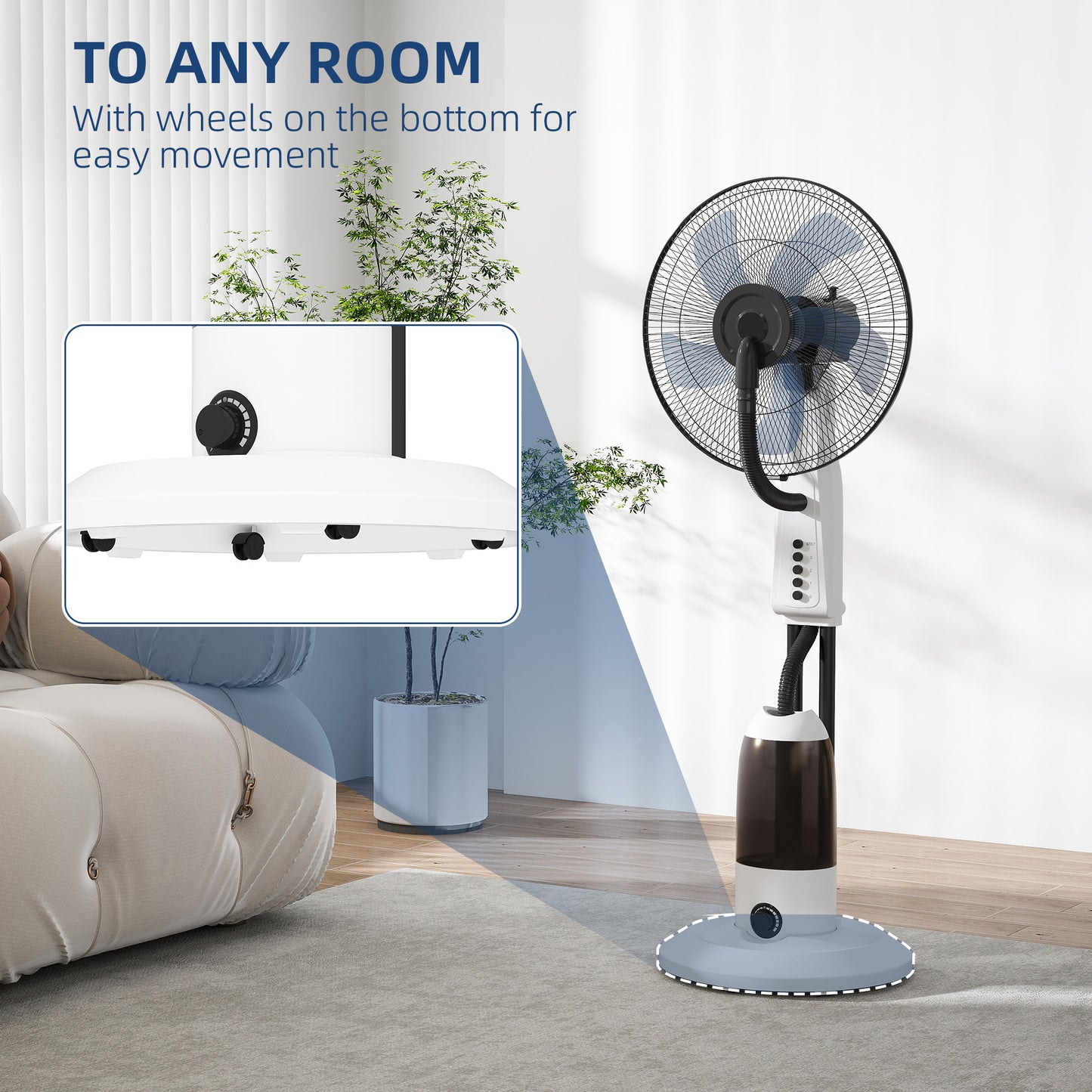HOMCOM Spray Misting Fan, Floor Fan with Water Mist Spray, 70° Oscillation, Tilt Head, 3 Speeds, 2.8L Water Tank, White