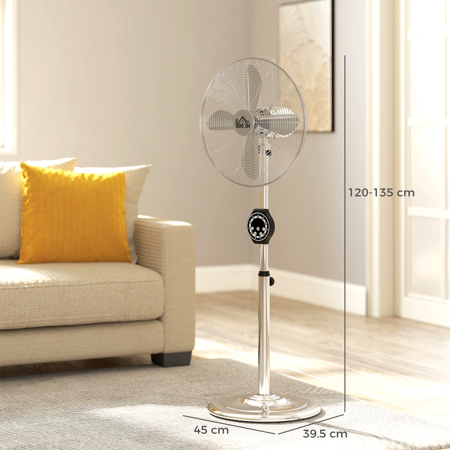 HOMCOM 16" Metal Pedestal Fan with Oscillating, Adjustable Height - Silver Tone