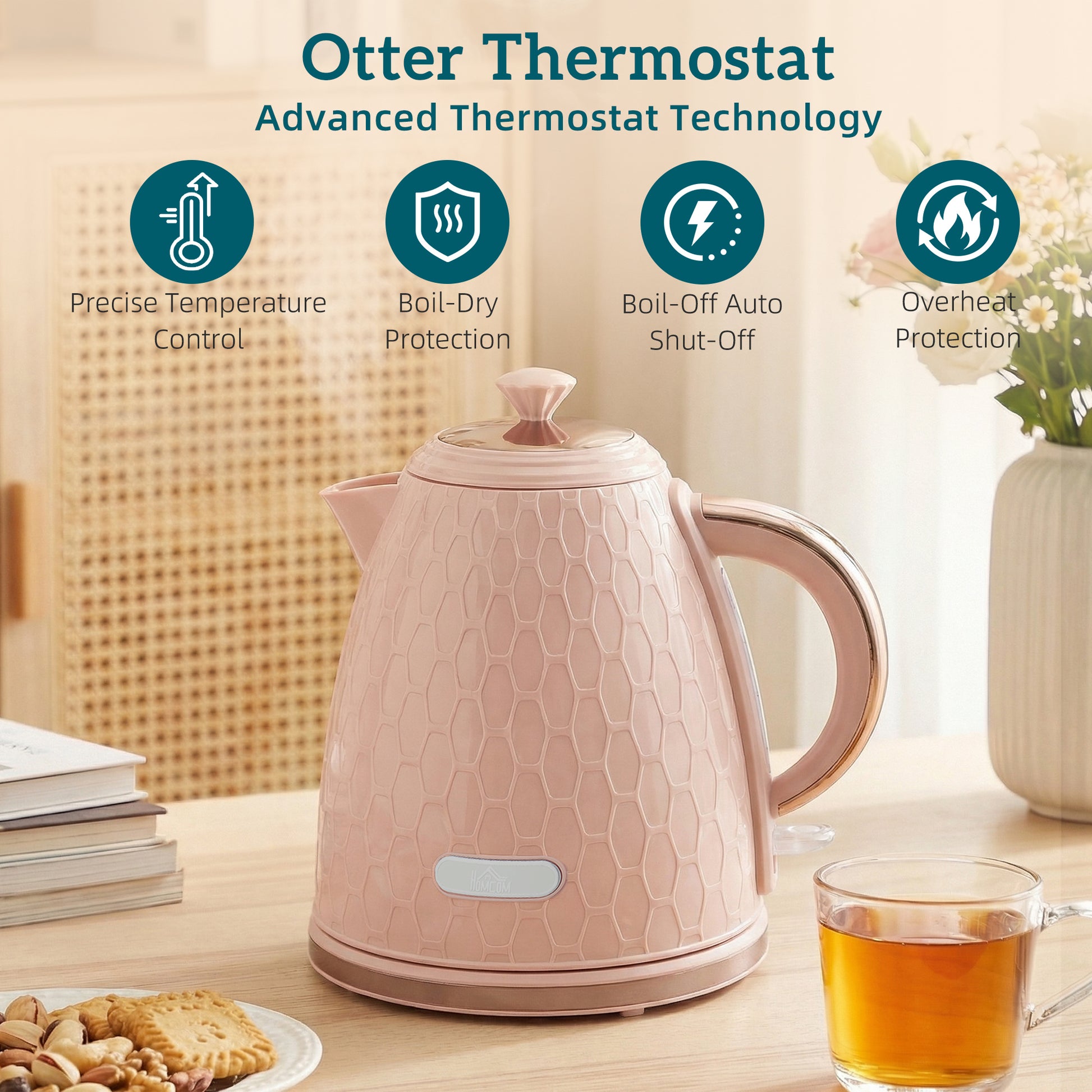 HOMCOM 1.7L 3000W Fast Boil Kettle & 2 Slice Toaster Set, Kettle and Toaster Set with Auto Shut Off, Browning Controls, Light Pink