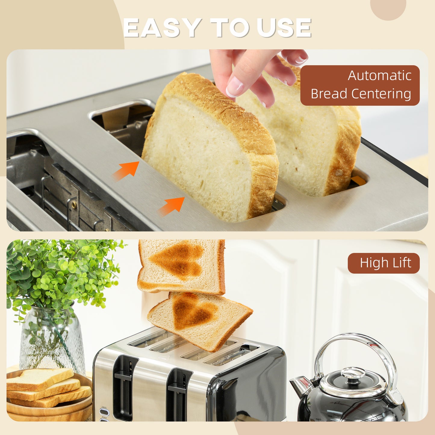 HOMCOM Polished Stainless Steel Kettle and Toaster Set - Black