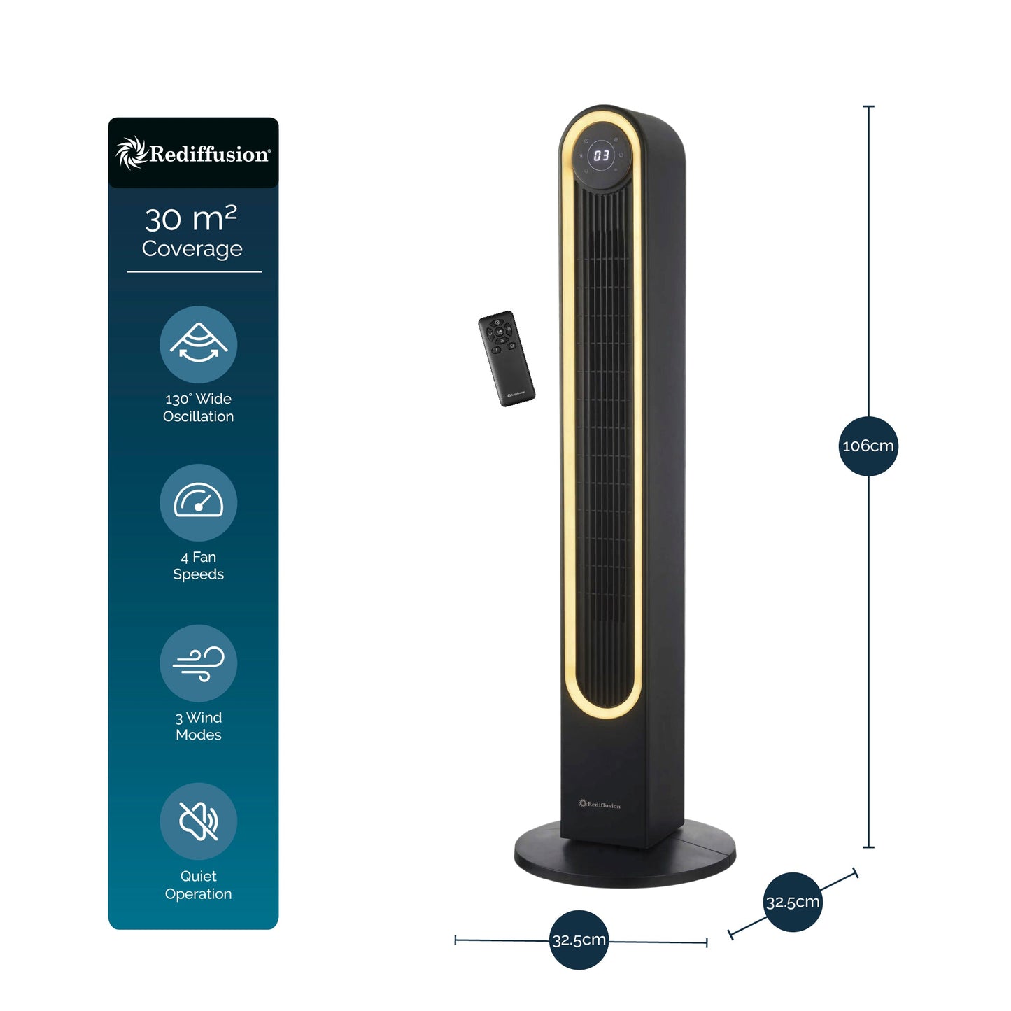 Rediffusion Halo Tower Fan Black side view