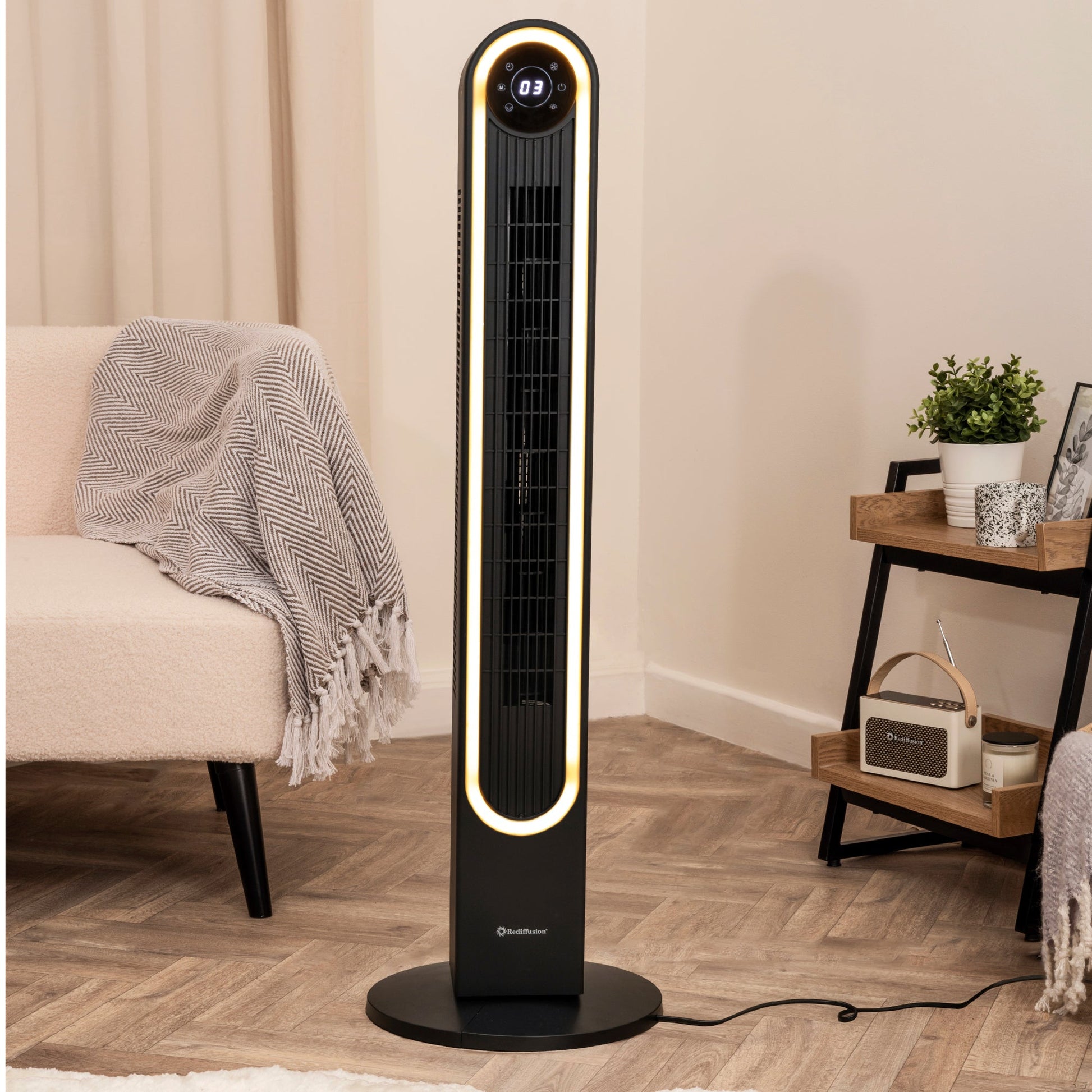 Rediffusion Halo Tower Fan Black ambient glow light