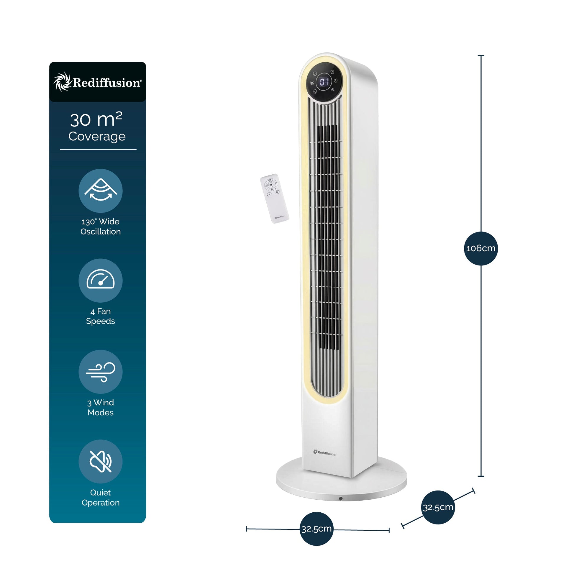 Rediffusion Halo Tower Fan White side view