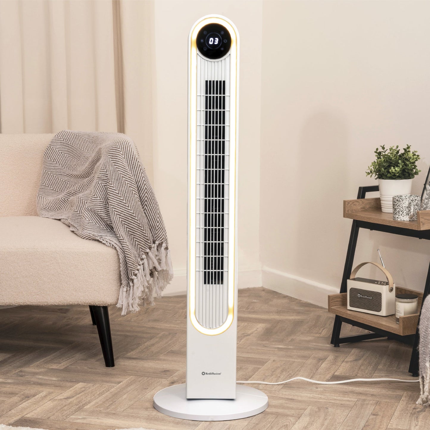 Rediffusion Halo Tower Fan White ambient glow light