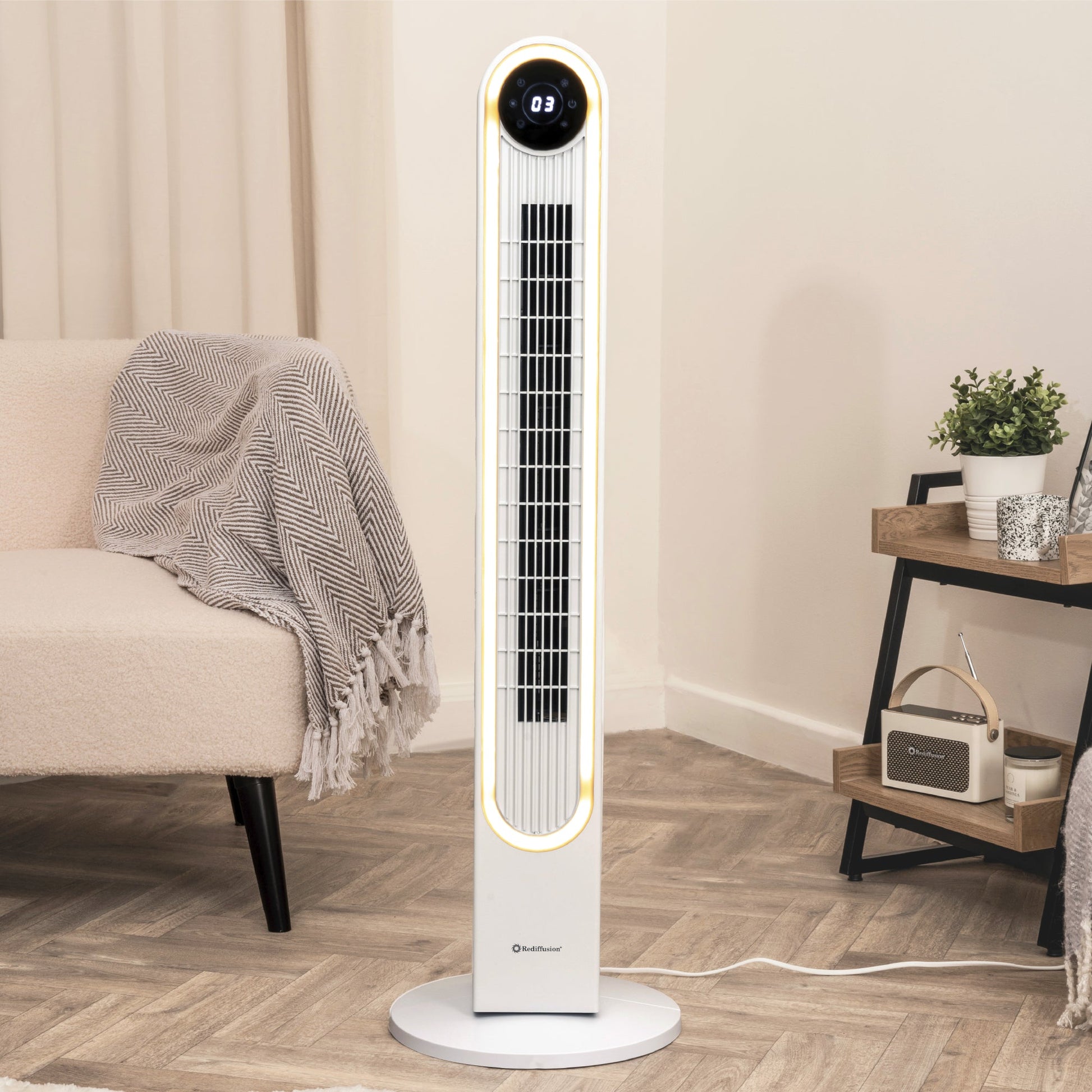 Rediffusion Halo Tower Fan White ambient glow light