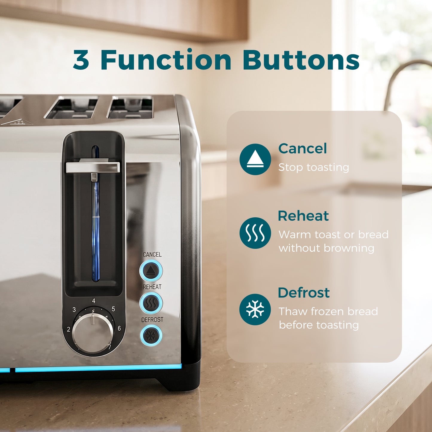 HOMCOM 4 Slice Toaster with 7 Browning Levels, Reheat, Defrost and Cancel Functions