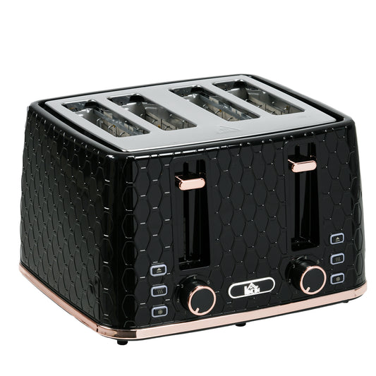 HOMCOM 4 Slice Toaster with 7 Browning Levels, High Lift, Reheat/Defrost/Cancel, Self-centring Function, Removable Crumb Tray, Auto Off, 1600W, Black Honeycomb Texture