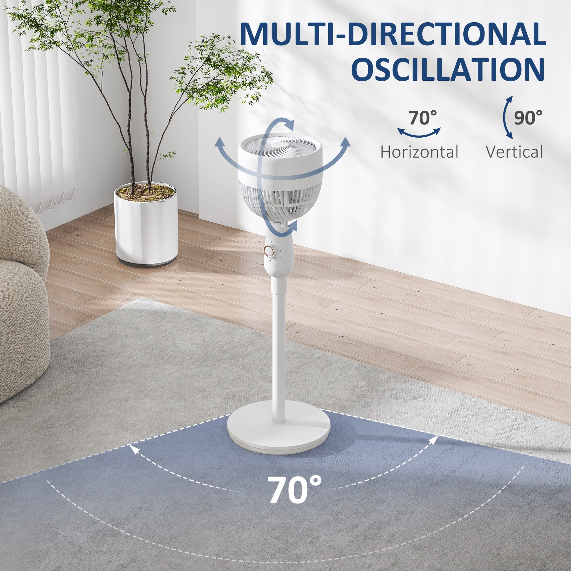HOMCOM Pedestal Fan, Powerful Air Circulator, 36 Inch Floor Standing Fan with 3 Speed Settings, 70° Oscillating for Bedroom, Home and Office, White