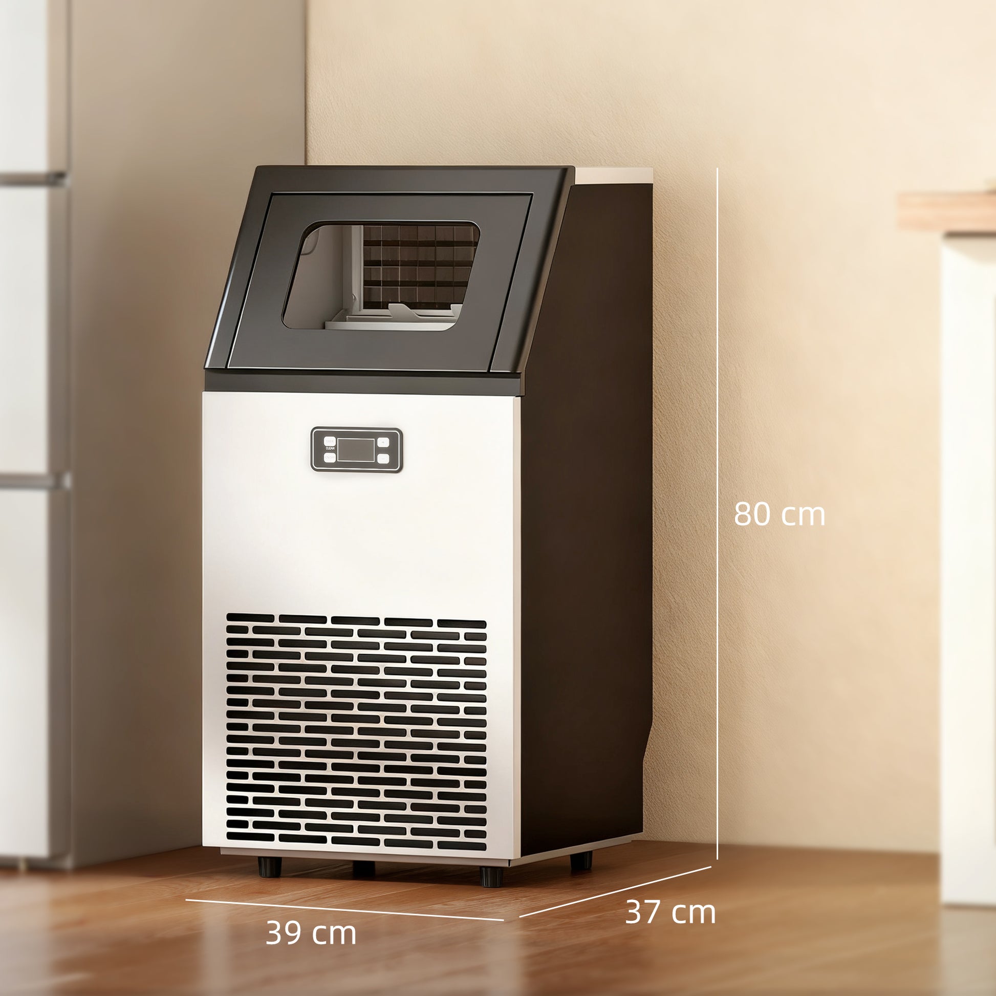 HOMCOM Commercial Ice Maker Machine, Freestanding Stainless Steel Ice Machine with Self-Cleaning, LCD Display, 45kg/24 Hours and 11kg Ice Storage for Home, Office, Bar, Restaurant, Supermarkets
