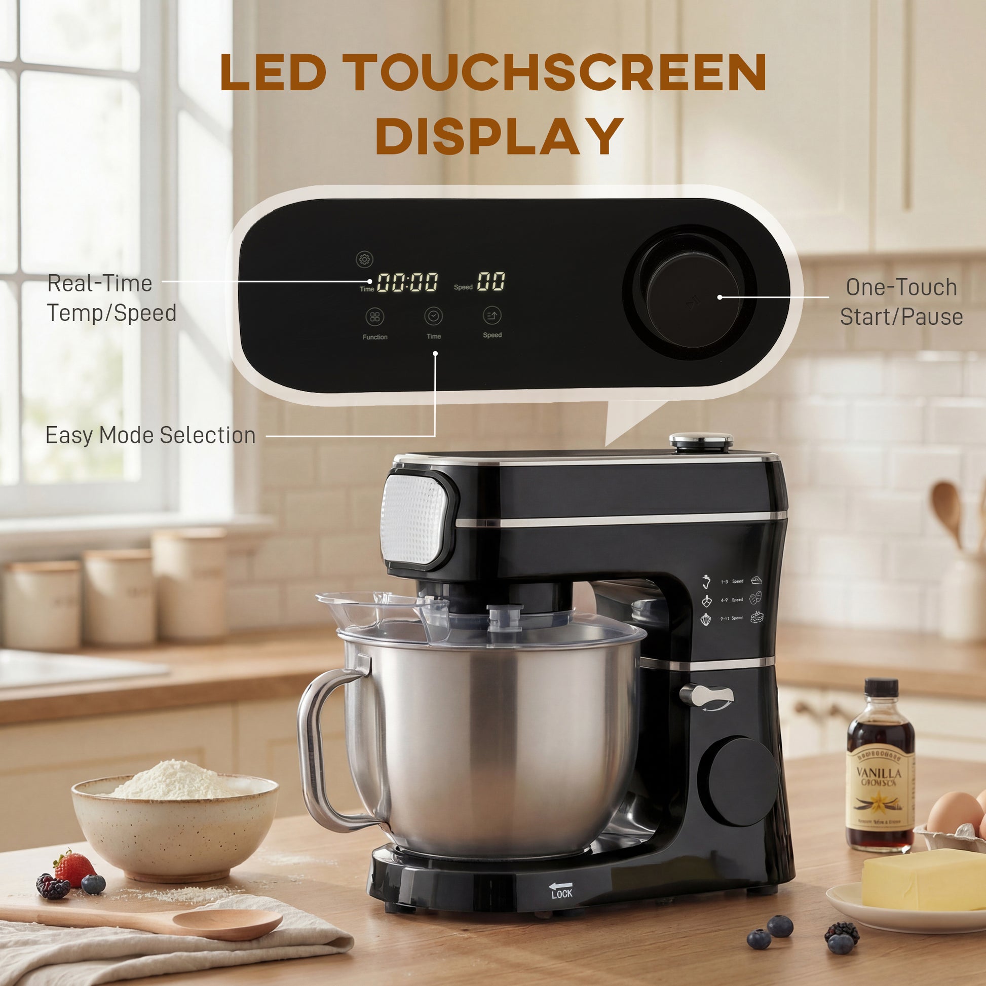 HOMCOM Stand Mixer, 6L 1400W Tilt-Head Food Mixer with 11 Speeds, Pulse & Fermentation Function, LED Display, Black