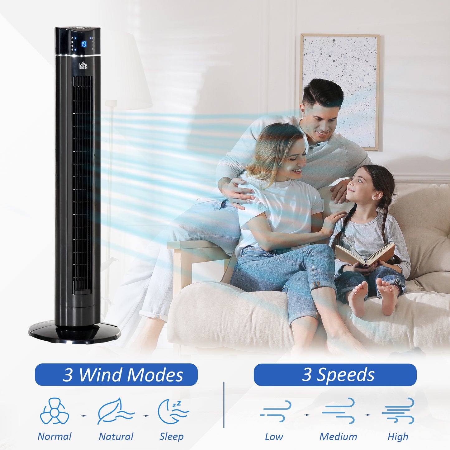 HOMCOM Anion Tower Fan for Bedroom, 42 inch, 6 m/s Powerful Velocity, Standing Floor Fan with 60° Oscillating, 3 Modes, 3 Speeds, 8 Hour Timer, LED Display, Remote Control, Black