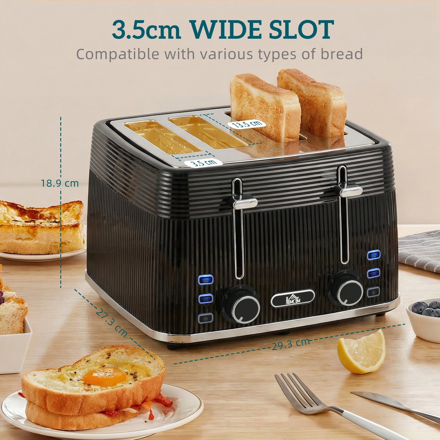 HOMCOM 4 Slice Toaster with 7 Browning Levels, Bread Toaster with Removable Crumb Tray, Black