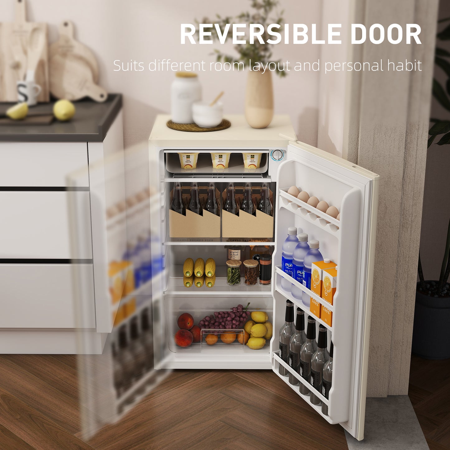 HOMCOM Under Counter Fridge, 91L Small Fridge with Chiller Box, Removable Shelf, Reversible Door, Adjustable Legs, Mini Refrigerator, Beige