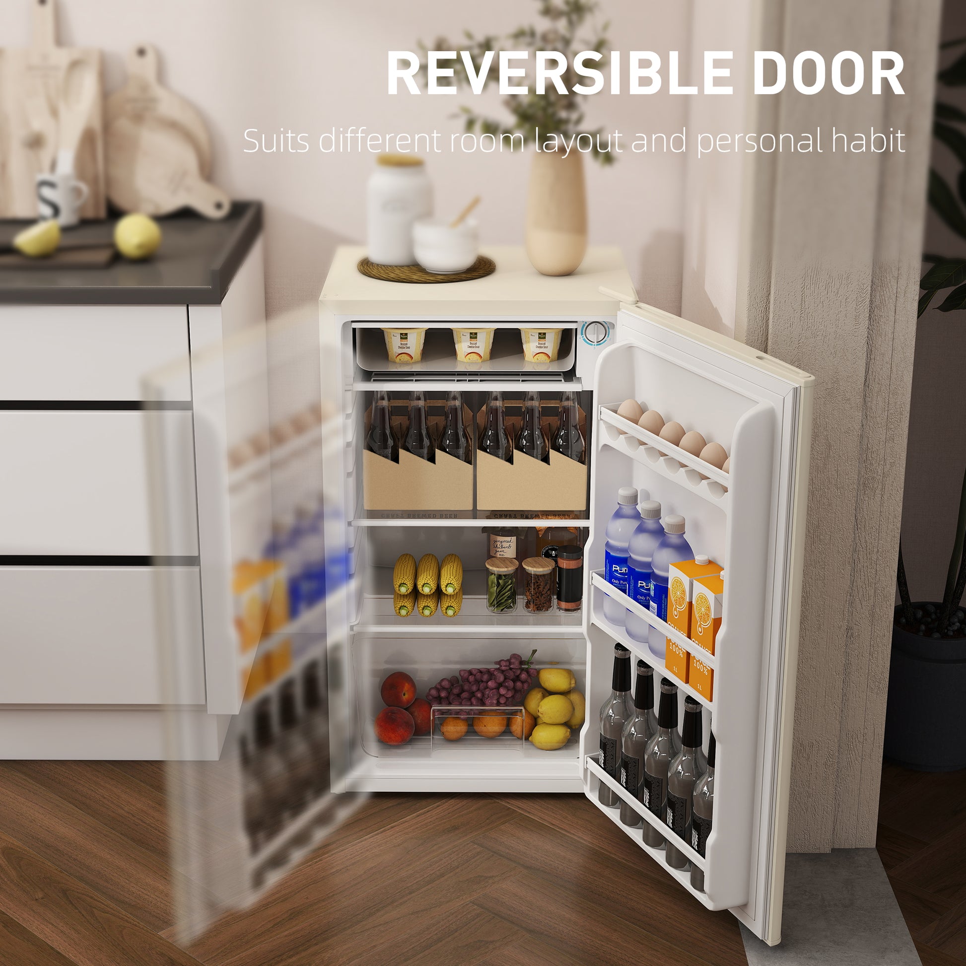 HOMCOM Under Counter Fridge, 91L Small Fridge with Chiller Box, Removable Shelf, Reversible Door, Adjustable Legs, Mini Refrigerator, Beige
