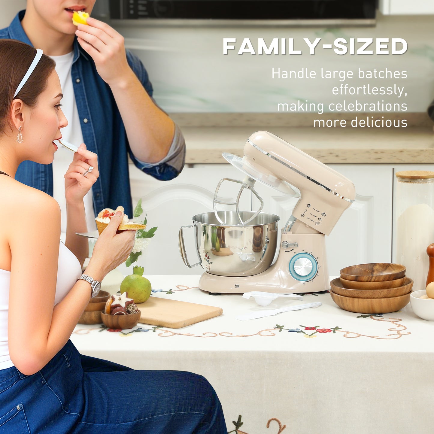 HOMCOM 1300W Kitchen Stand Mixer, with Accessories - Beige