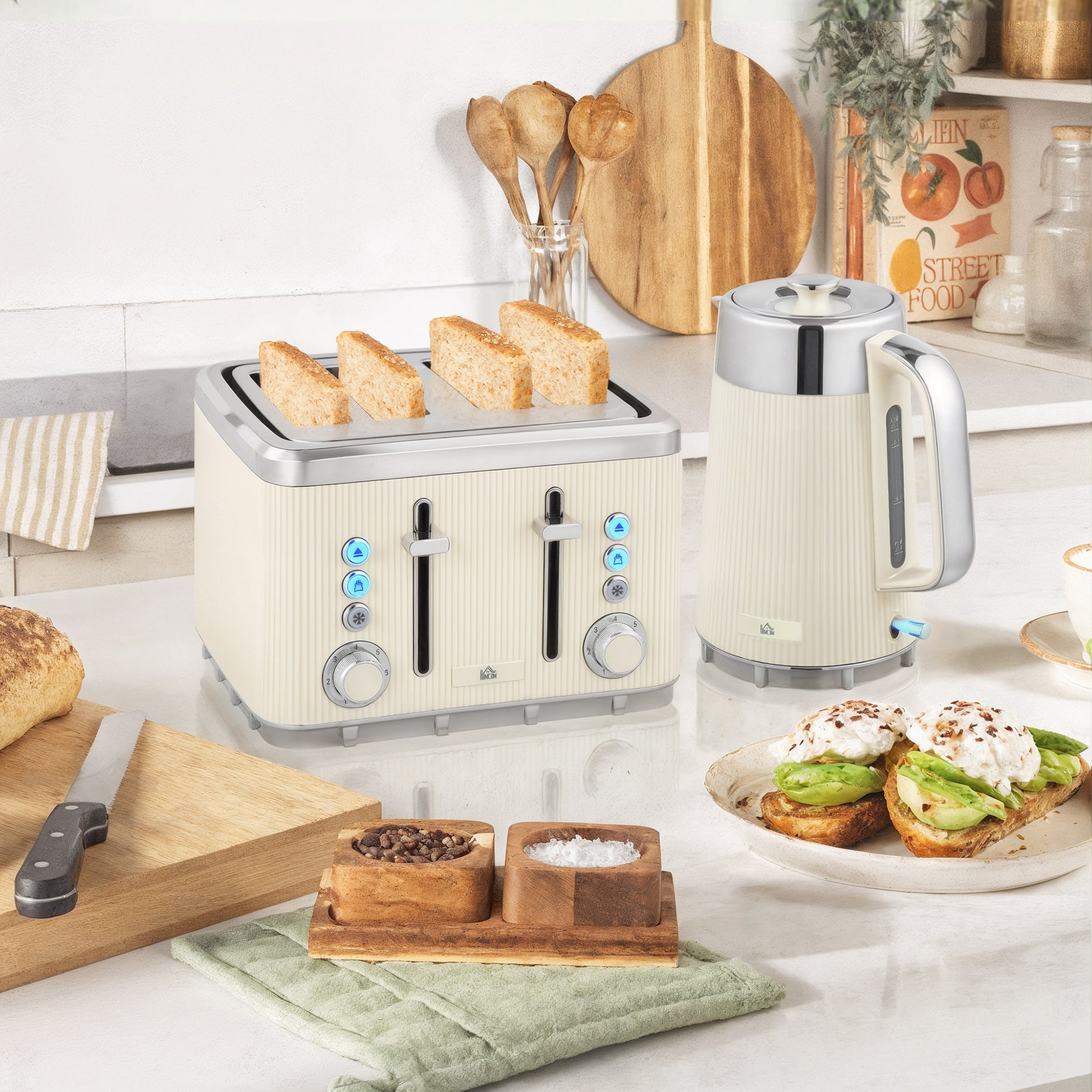 HOMCOM Electric Stainless Steel Kettle and Toaster Set, 3000W 1.7L UK Strix Thermostat Fast Boil Kettle w/ Limescale Filter, Cool Touch Body, 4 Slice Toaster with 7 Browning Levels, Cream White