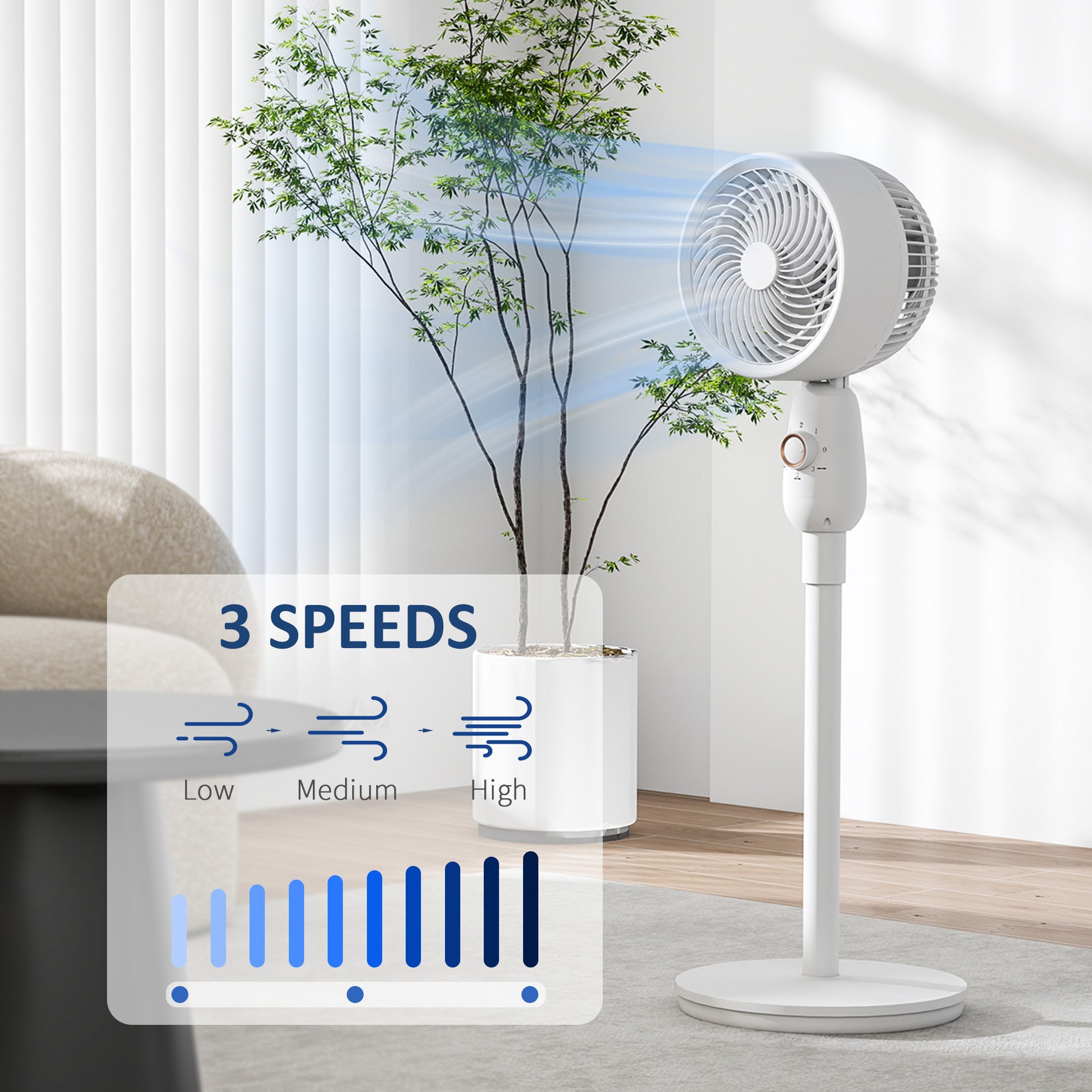HOMCOM Pedestal Fan, Powerful Air Circulator, 36 Inch Floor Standing Fan with 3 Speed Settings, 70° Oscillating for Bedroom, Home and Office, White