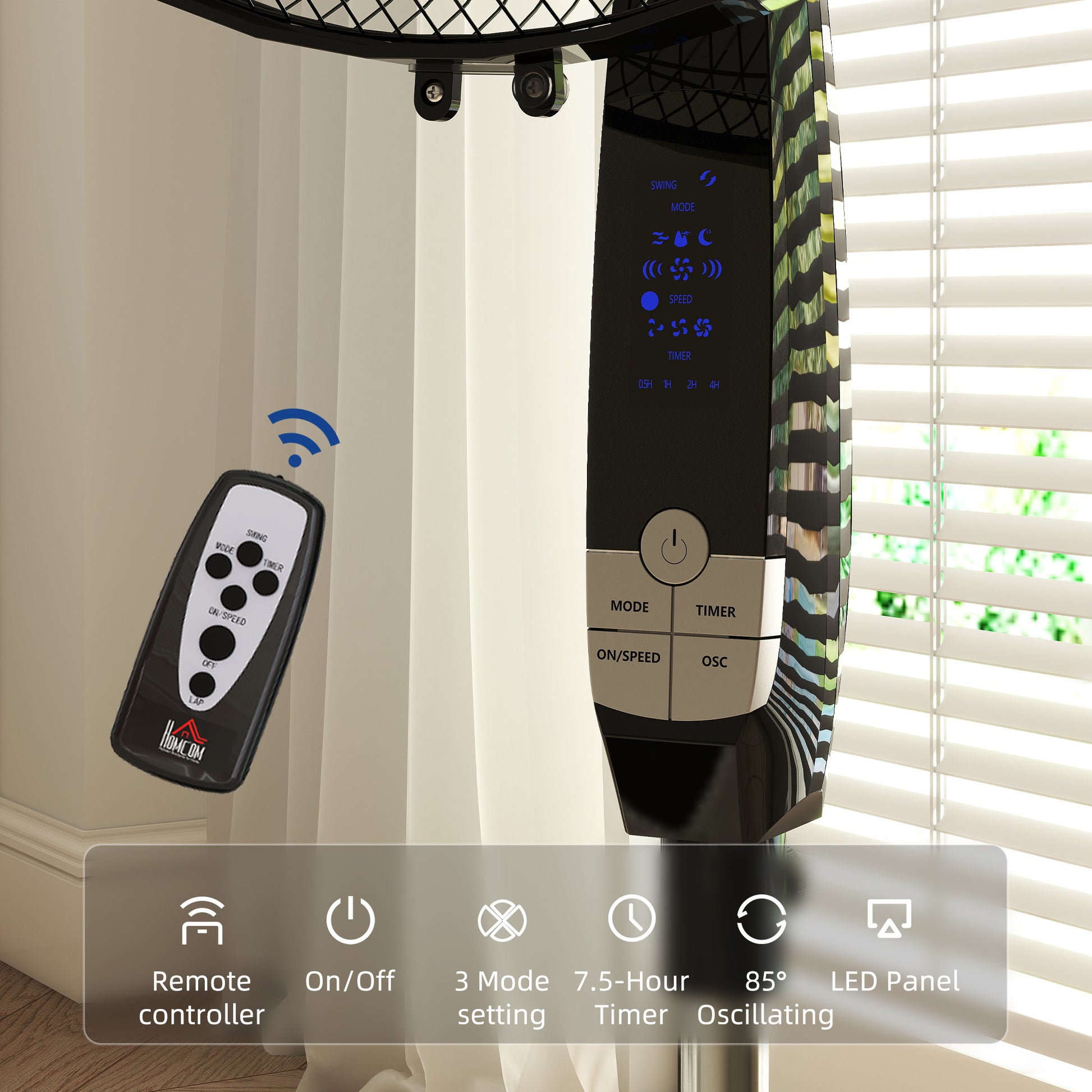 HOMCOM 40 cm Pedestal Standing Floor Fan, Oscillation Cooling Fan with Remote Control, Black