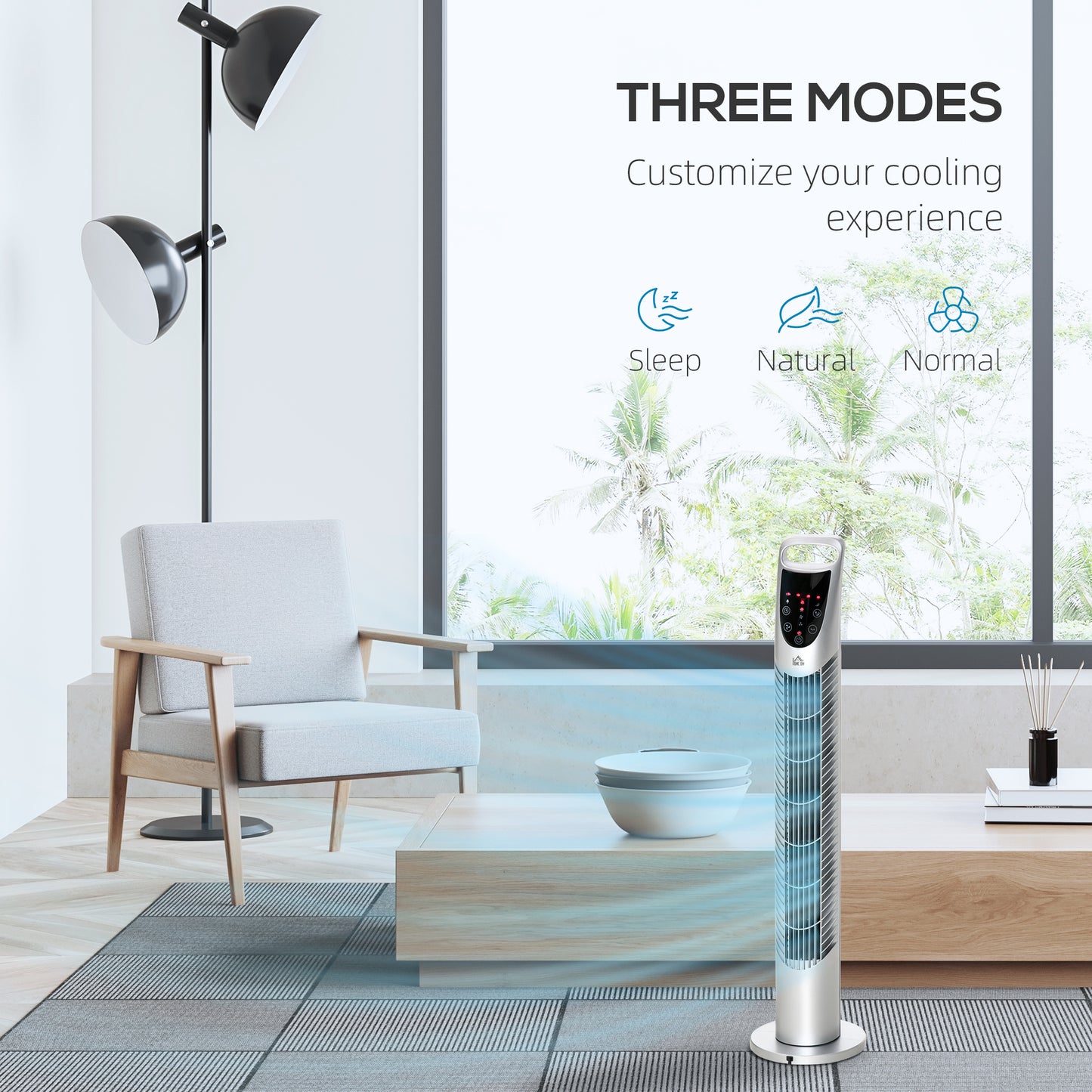 HOMCOM 31 Inch Bladeless Oscillating Tower Fan with 70° Oscillation, Remote Control, 7.5H Timer, 3 Speed 3 Modes, Electric Floor Standing Cooling Fan for Home Bedroom Office, Silver