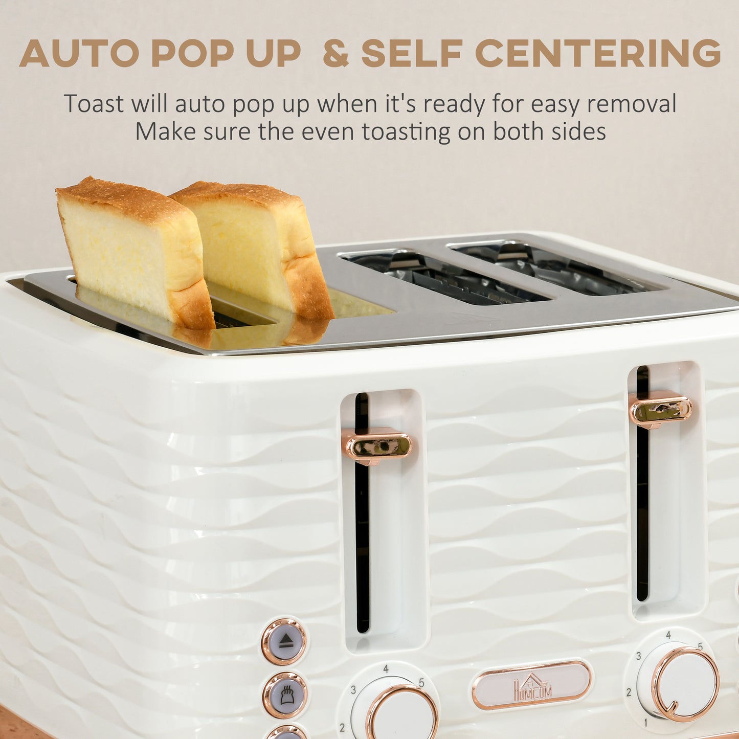 HOMCOM Kettle and Toaster Sets, 3000W 1.7L Rapid Boil Kettle & 4 Slice Toaster with 7 Browning Controls, Defrost, Reheat and Crumb Tray, UK Otter thermostat, Cream White