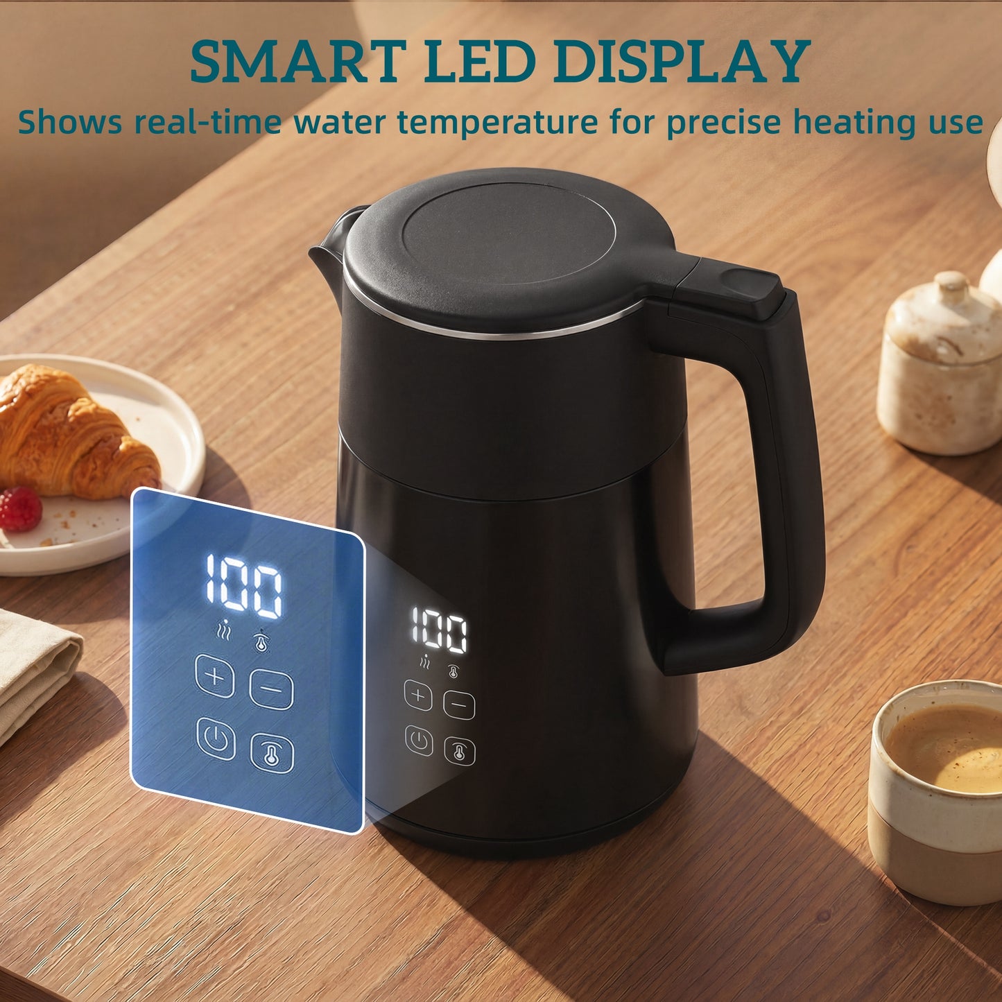 HOMCOM Electric Kettle, 1.7L Fast Boil 3kW Water Kettle with UK Strix Thermostat, LED Display, Keep Warm Function, Black