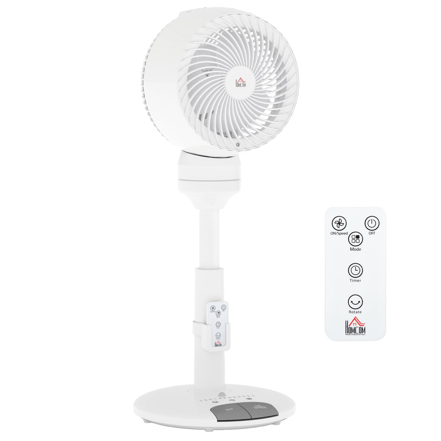 HOMCOM Standing Fan for Bedroom, 28" Pedestal Fan with Remote, 70° Oscillating, 90° Vertical Tilt, 3 Speeds, Adjustable Height, 7H Timer, Foot Button, White
