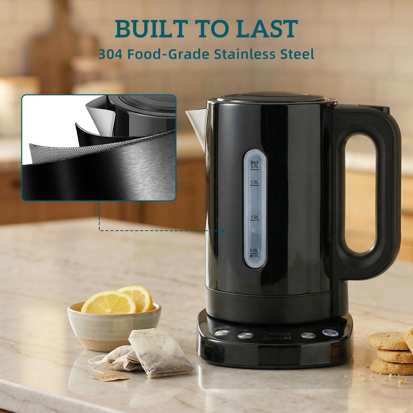 HOMCOM Electric Kettle, 1.7L, Fast Boil, 3kW Water Kettle with UK Strix Thermostat, Keep Warm Function, LCD Base, Black