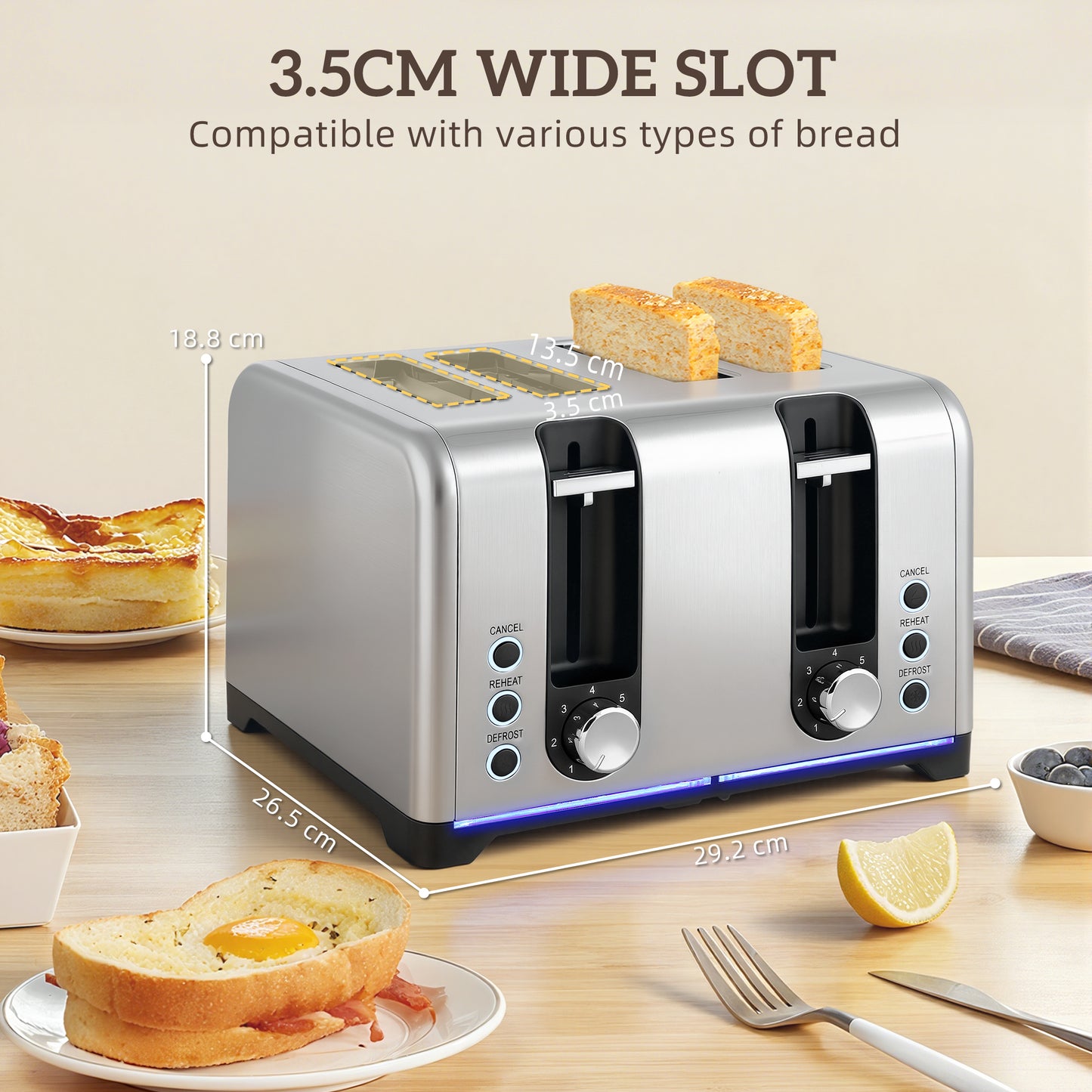 HOMCOM Kettle and Toaster Set, 1.7L 3000W Rapid Boil Jug Kettle with Otter Thermostat, Limescale Filter, 4 Slice Toaster with 7 Browning Controls, Crumb Tray, LED Strip, Silver Tone