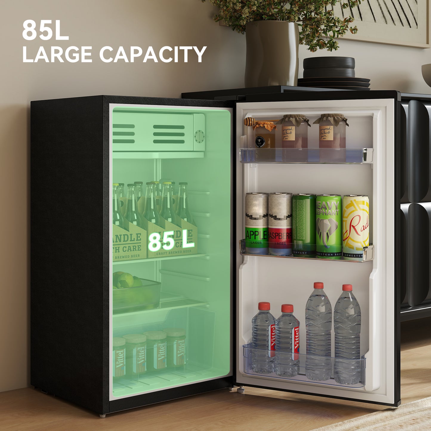 HOMCOM Under Counter Fridge, 85L Small Retro Refrigerator with Chiller Box, Adjustable Thermostat, Glass Shelves, Black