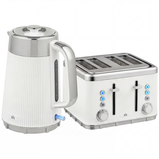 HOMCOM Electric Stainless Steel Kettle and Toaster Set, 3000W 1.7L UK Strix Thermostat Fast Boil Kettle w/ Limescale Filter, Cool Touch Body, 4 Slice Toaster with 7 Browning Levels, White
