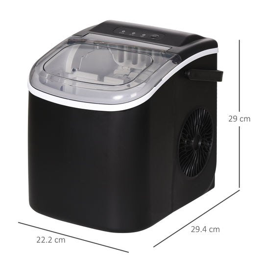 HOMCOM Ice Maker Machine Countertop, 12 KG in 24 H, 9 Cubes in 6 Mins, Portable Ice Cube Maker with Handle, Ice Scoop and Basket for Home Office Kitchen Bar Party RV, Black