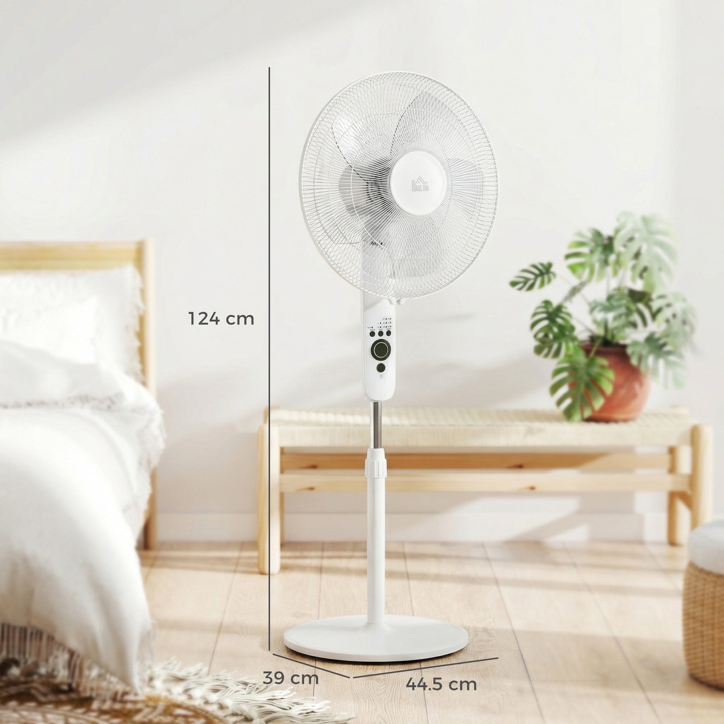 HOMCOM 124cm Pedestal Fan with Sleep Mode, Oscillating Standing Fan with 3 Modes, Remote Control, Adjustable Height, White