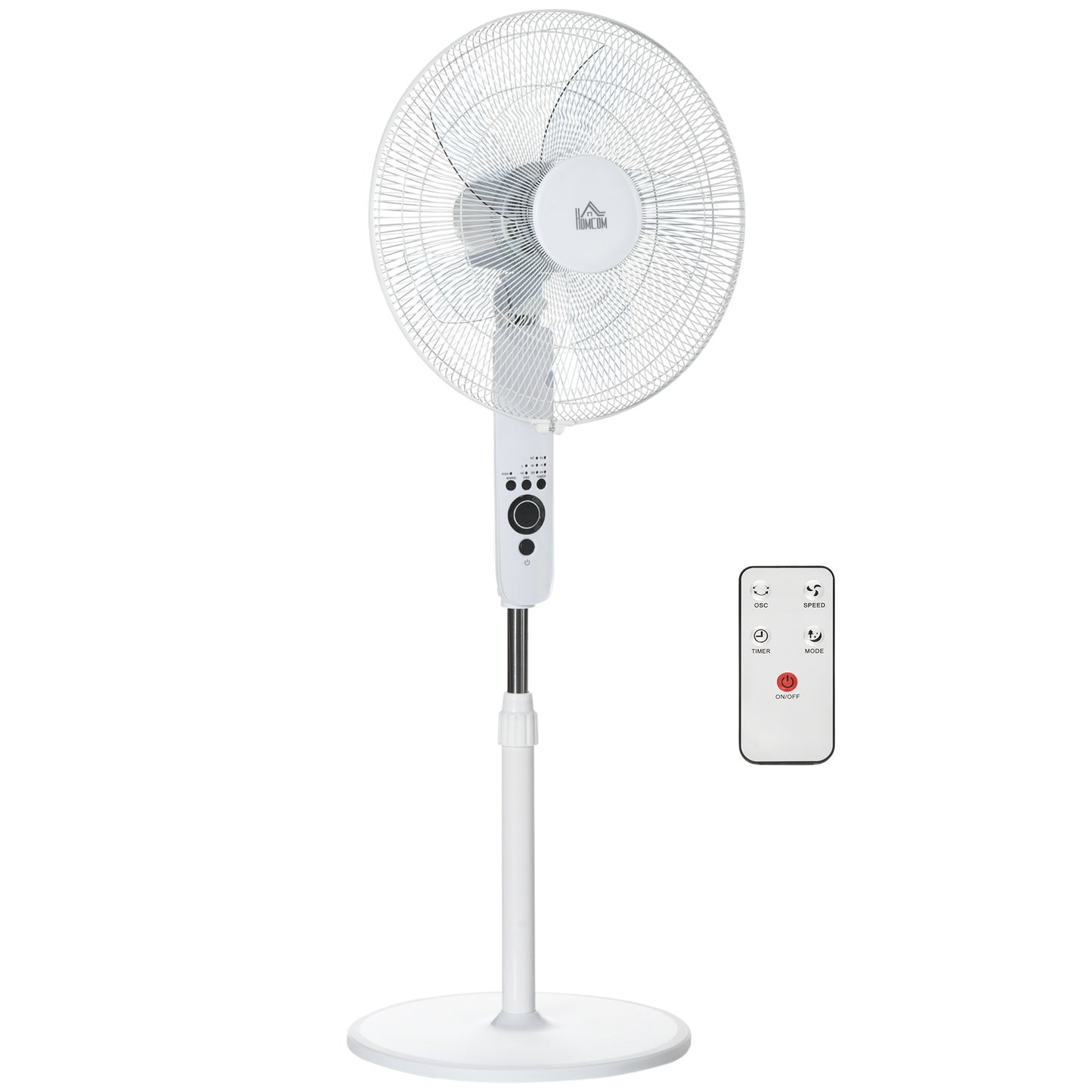 HOMCOM 124cm Pedestal Fan with Sleep Mode, Oscillating Standing Fan with 3 Modes, Remote Control, Adjustable Height, White