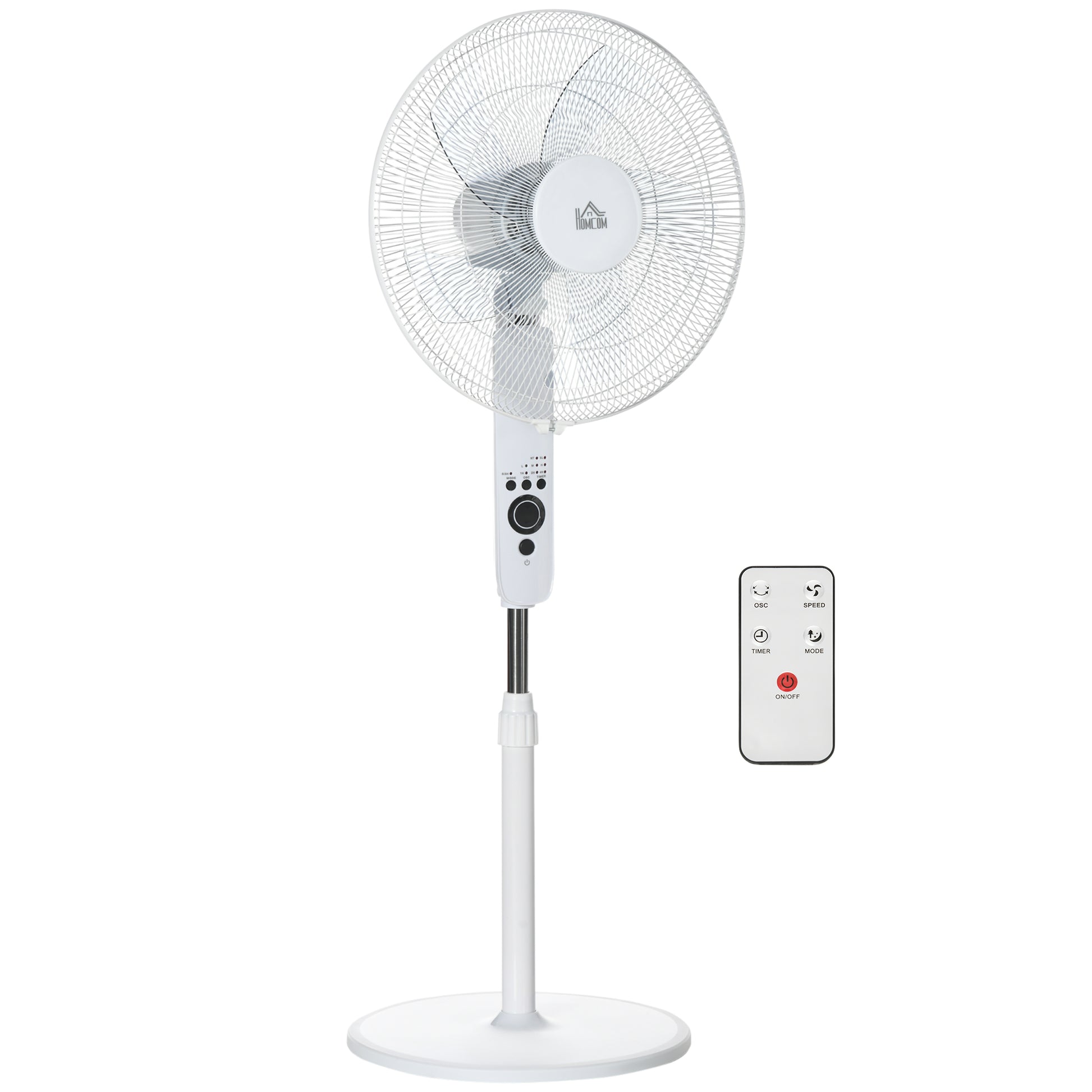 HOMCOM 124cm Pedestal Fan with Sleep Mode, Oscillating Standing Fan with 3 Modes, Remote Control, Adjustable Height, White