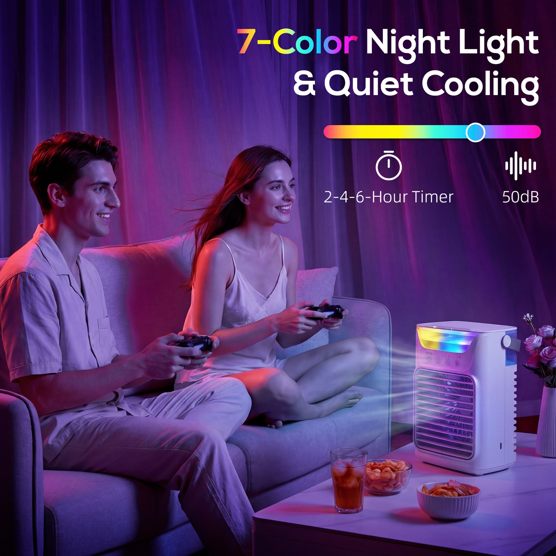 HOMCOM Air Cooler with Adjustable Head, Portable Air Conditioner with 3 Wind Speed, 2 Cool Mist, RGB Light, White