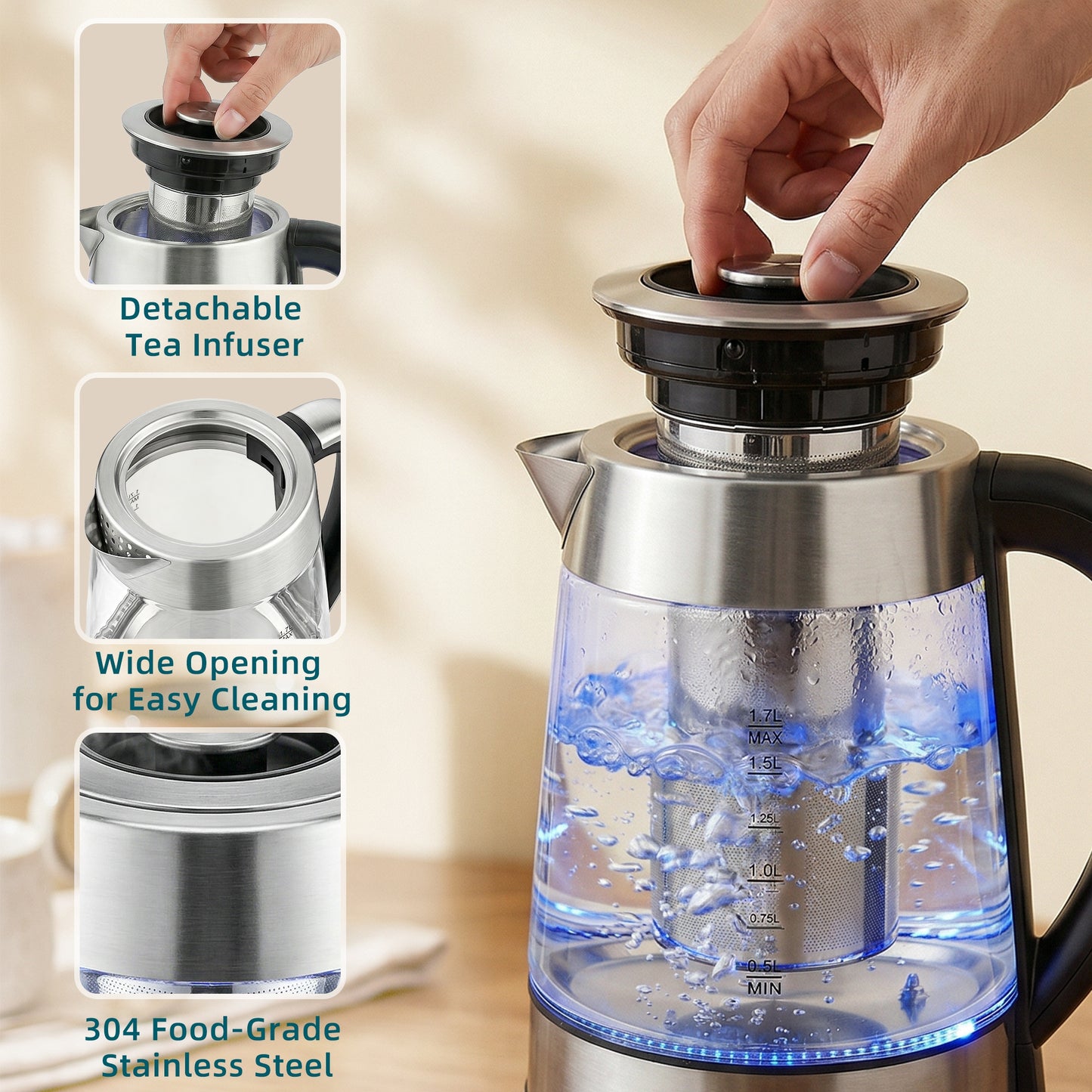 HOMCOM Electric Kettle, 1.7L Fast Boil 3KW Water Kettle with UK Strix Thermostat, Tea Infuser, Keep Warm Function